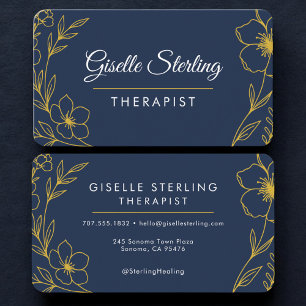 De Visita Tarjeta profesional floral azul marino y dorado pa
