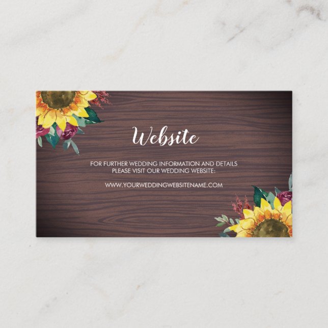 De Visita Tarjeta web Rustic Sunflower Wood Floral Boda (Anverso)