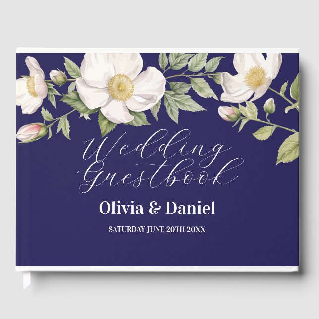 De Visitas Boda Invitado Libro Floral Cream Navy Elegante (Anverso)