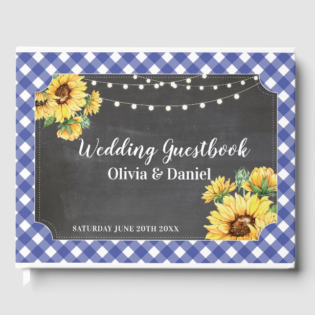 De Visitas Boda invitado libro Floral Sunflower Navy Chalk (Anverso)