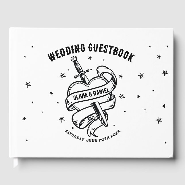 De Visitas Boda invitado libro Tattoo Heart Black White (Anverso)