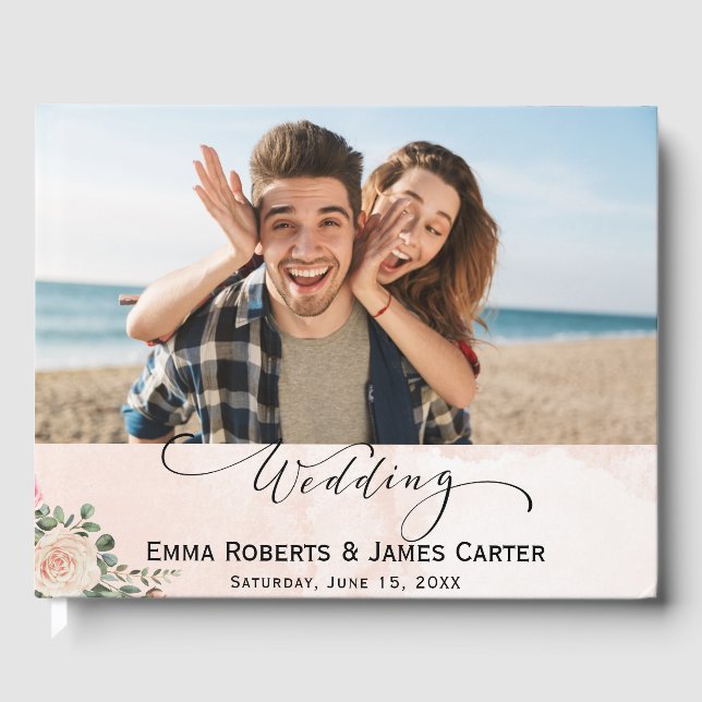 De Visitas Boda romántico crema rosa floral libro invitado (Anverso)