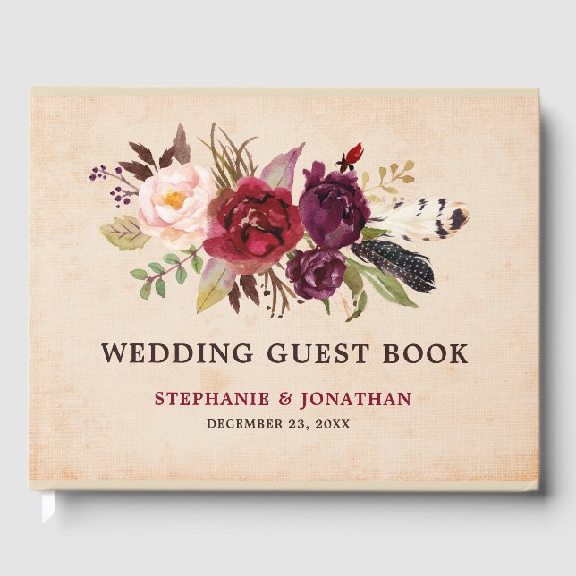 De Visitas Borgoña Red Floral Rustic Boho Boda libro (Anverso)