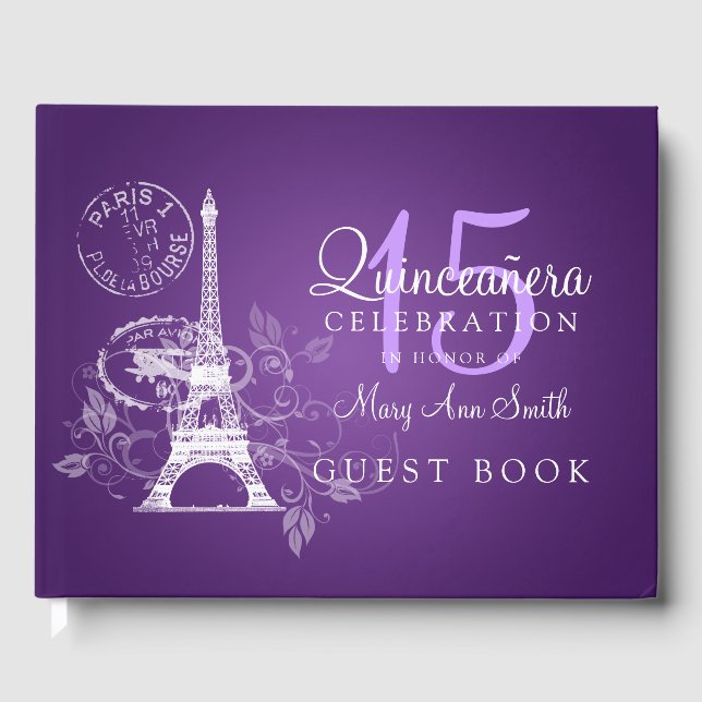 De Visitas Libro Invitado Quinceanera Fiesta Paris Purple (Anverso)