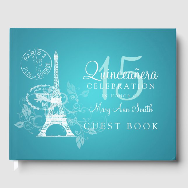 De Visitas Libro Invitado Quinceanera Fiesta Paris Turquoise (Anverso)