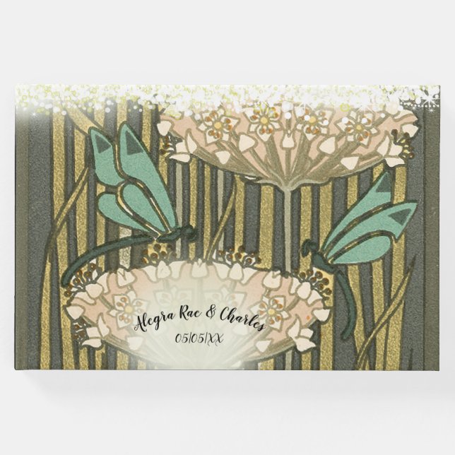 De Visitas Lilypad Dragonfly Art Deco Boda invitado libro (Anverso)
