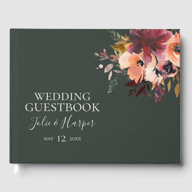 De Visitas Naranja Borgoña Floral | Libro Verde Boda (Anverso)
