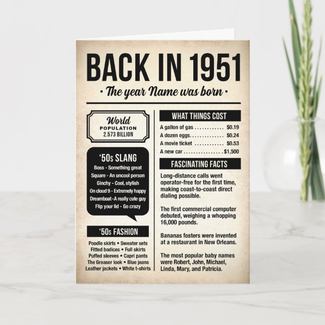 De vuelta en 1951, tarjeta de datos divertidos del (Anverso)