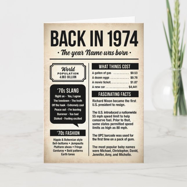 De vuelta en 1974, Tarjeta de Cumpleaños del Año e (Anverso)