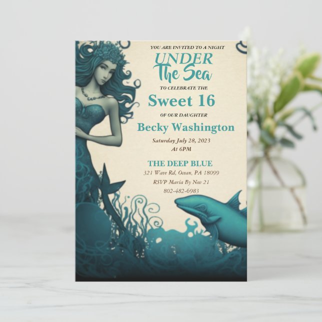 Debajo De La Sirena De Mar Dulce 16 Invitación (Anverso de pie)