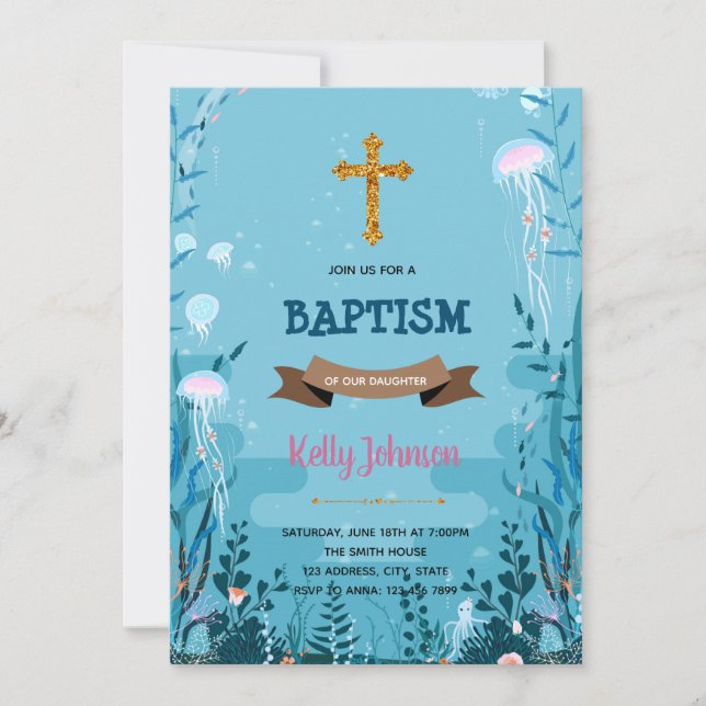 Debajo del mar fiesta de bautismo Invitación (Anverso)