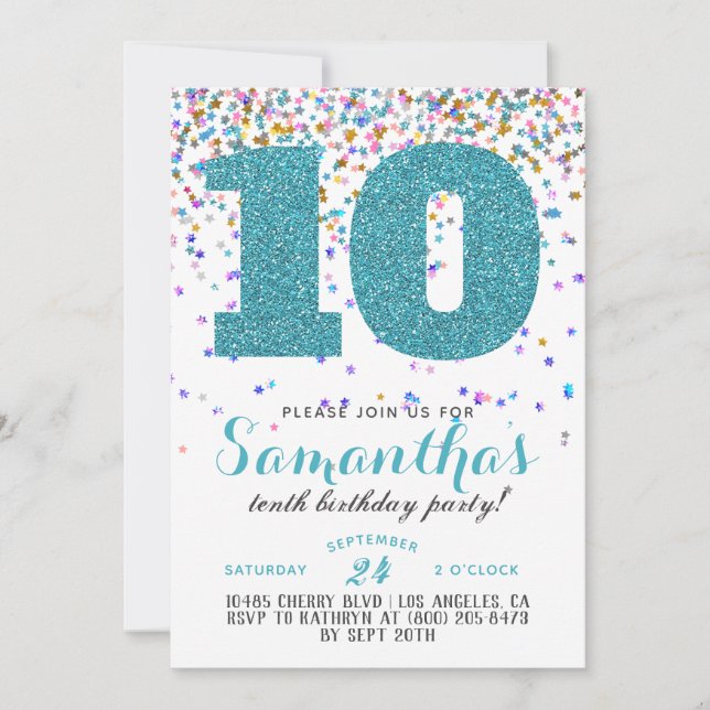 Décimo cumpleaños: Confetti invitación (Anverso)