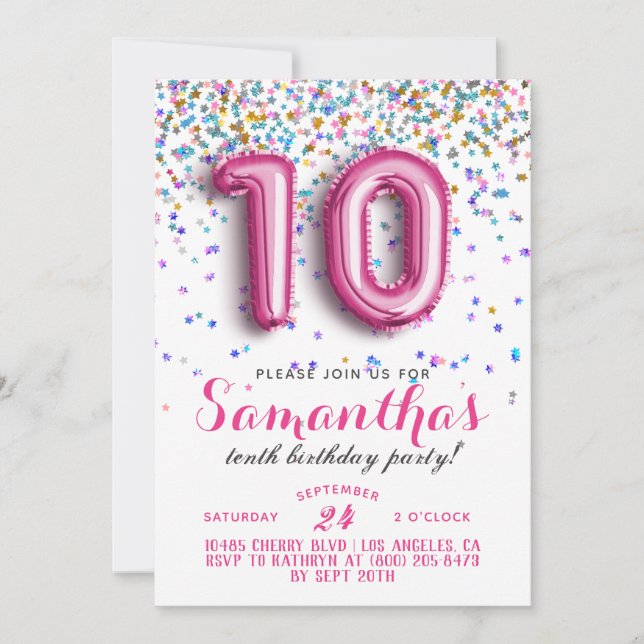 Décimo cumpleaños: Confetti invitación (Anverso)