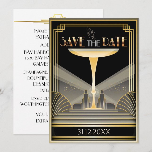 Deco Champagne Salva La Invitación A La Fecha (Anverso / Reverso)