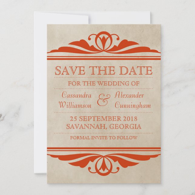 Deco elegante naranja Guardar la invitación de fec (Anverso)