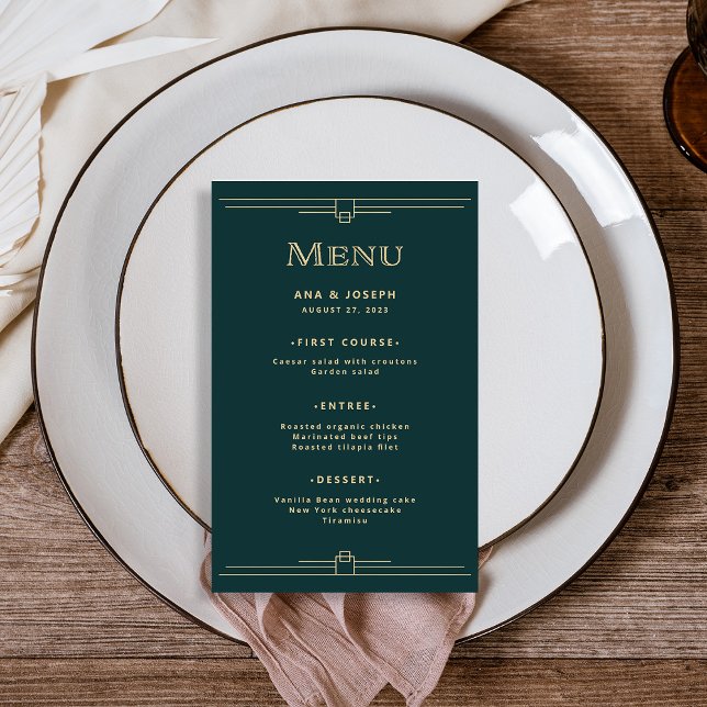Deco moderno | Elegante menú verde esmeralda Boda (An elegant, rich emerald green wedding menu in art deco style, with champagne gold accents)