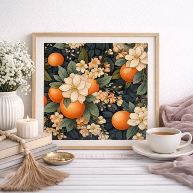 Decoración Botánica Hogareña Flores Blancas Naranj (Orfanges and white blossoms poster)