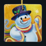 Decoración cuadrada de árboles de Navidad Snowman<br><div class="desc">Decoración cuadrada de oro de árbol de Navidad Snowman y latón. oro. Este jovial muñeco de nieve está a punto de decorar su árbol con coloridos mejillones. Vea los otros personajes de esta misma serie,  Santa y Polar Bear y Rudolph.</div>