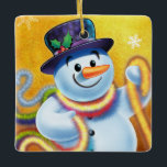 Decoración cuadrada de árboles de Navidad Snowman<br><div class="desc">Decoración cuadrada de oro de árbol de Navidad Snowman y latón. oro. Este jovial muñeco de nieve está a punto de decorar su árbol con coloridos mejillones. Vea los otros personajes de esta misma serie,  Santa y Polar Bear y Rudolph.</div>