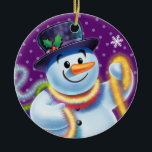 Decoración de árbol de Navidad redondo Snowman & t<br><div class="desc">Forma redonda de color púrpura de la decoración del árbol de Navidad Snowman y el mejillón. Púrpura. Este jovial muñeco de nieve está a punto de decorar su árbol con coloridos mejillones. Vea los otros personajes de esta misma serie,  Santa y Polar Bear y Rudolph.</div>