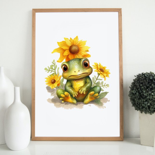 Decoración de guardería de rana Rana pequeña con g (Frog Nursery Decor Cute Baby Frog with Sunflower)