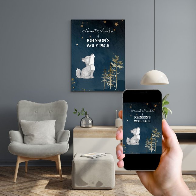 Decoración de la guardería infantil con temática d (Little wolf themed baby nursery decor personalized poster with a cute howling wolf cub starry night)