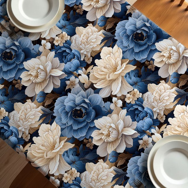Decoración de mantel de marfil floral blanco azul  (Stylish Blue White Floral Ivory Tablecloth Decor)