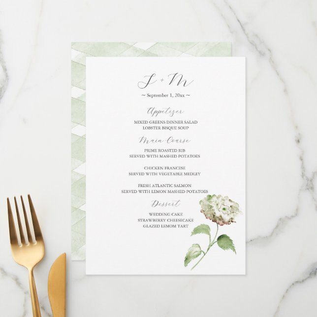 Decoración de mesa de boda con hortensias | Menú (Anverso/Reverso In Situ)