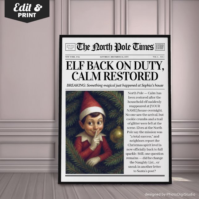 Decoración de periódico de duende personalizado de (Custom Elf Back on Duty Newspaper Decor, Christmas Poster)