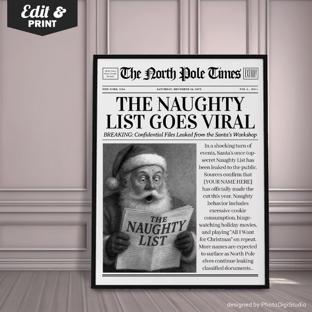 Decoración de periódico de Navidad personalizada,  (Custom Christmas Newspaper Decor, Funny Christmas Poster, The Naughty List Goes Viral)