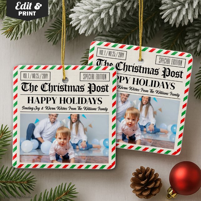 Decoración de periódico de Navidad personalizada,  (Custom Christmas Newspaper Decor, Family Photo Ceramic Ornament)