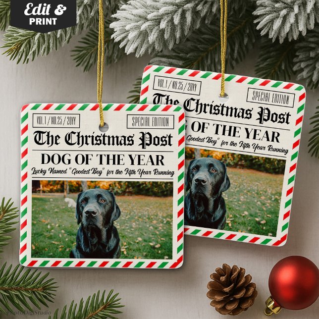 Decoración de periódico de Navidad personalizada,  (Custom Christmas Newspaper Decor, Gift for Dog Ceramic Ornament)
