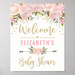 Decoración de signos de bienvenida de Baby Shower<br><div class="desc">Señal de bienvenida de la ducha de bebé,  de color rosa y dorado,  con flores de color azul y confeti de oro falso</div>