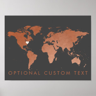 Decoración del mapa del mundo del cobre con corazó