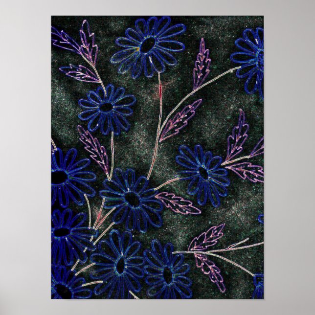 decoración floral azul sobre negro (Frente)
