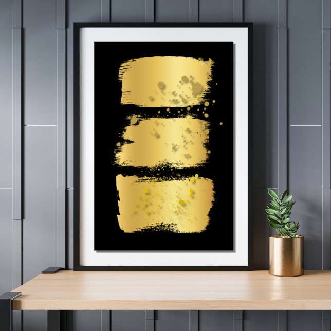 Decoración moderna de acento dorado Pincel negro R (Modern Minimalist Gold And Black Paint Brush Stroke Gold Spatter Abstract Wall Art Poster Print)