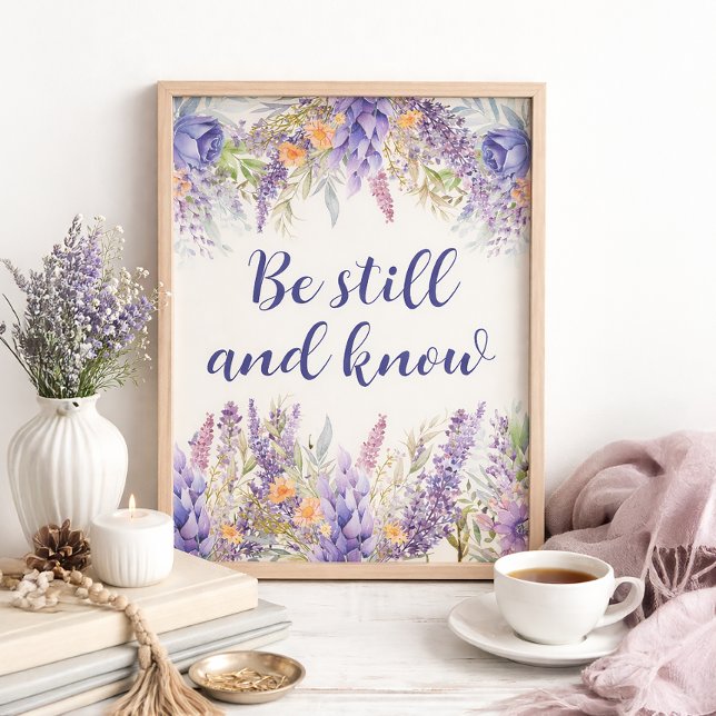 Decoración para el hogar religiosa cristiana de fe (Purple and lavender floral "Be still and know" Christian art print)