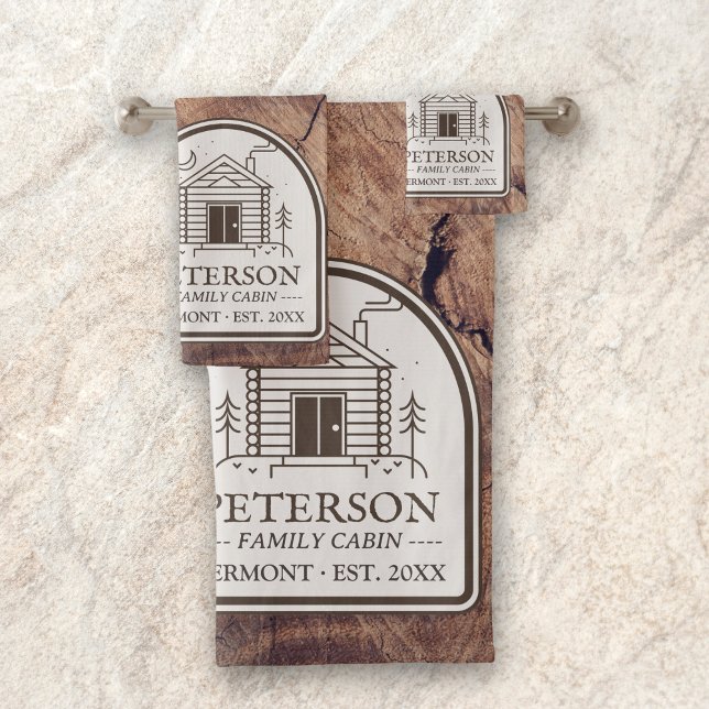 Decoración personalizada de madera rústica en caba (Rustic Personalized Family Cabin Lake House Custom Decor Bath Towels Set Family Name Year)