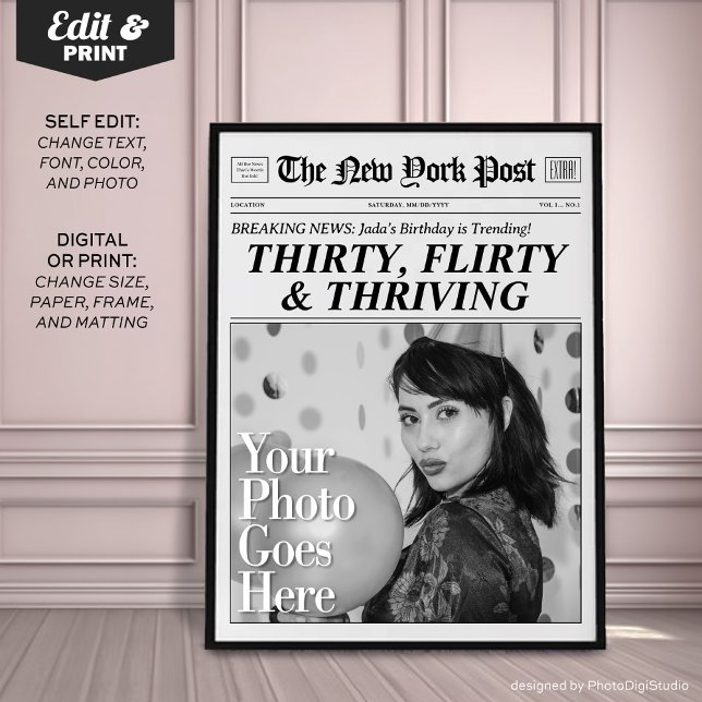 Decoración personalizada de Poster de periódico de (Personalized 30th Birthday Newspaper Poster Decor, Thirty, Flirty and Thriving Newspaper Print)