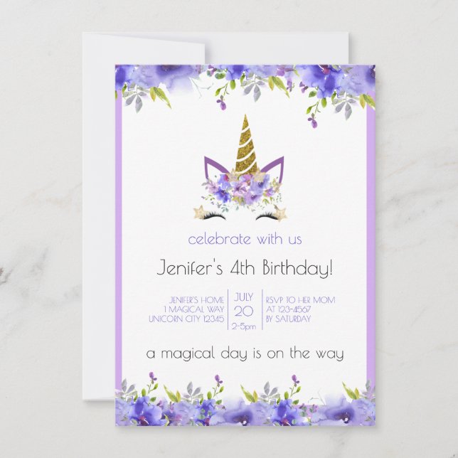 Decoraciones de cumpleaños de Unicornio violeta fr (Anverso)