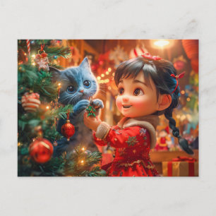 Decorando el árbol de Navidad con gato