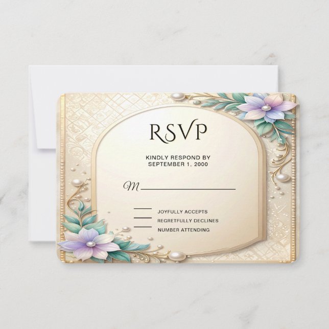 Decorative Floral Frame with Pearls RSVP Card (Anverso)