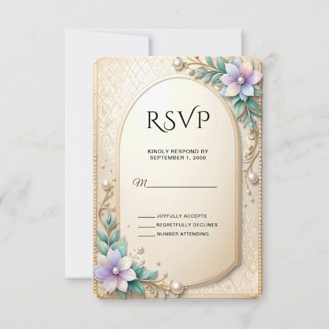 Decorative Floral Frame with Pearls RSVP Card (Anverso)