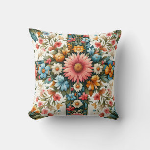 Decorativo Almohadón Colorido de Arte Popular Floral - Cojín 