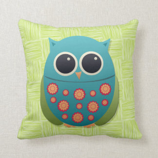 Decorativo Búho azul y verde lindo rojo sobre cojín verde cla