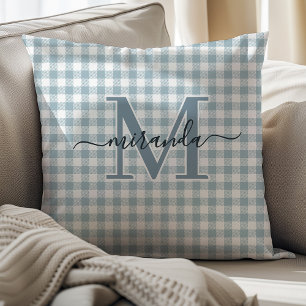 Decorativo Cojín de Arrojar de Cuadros Azul Polvo con Monogra