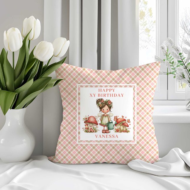 Decorativo Cojín de Cumpleaños Flores Rosadas Hada Elegante (Graceful Fairy Blush Pink Flowers Birthday Pillow)