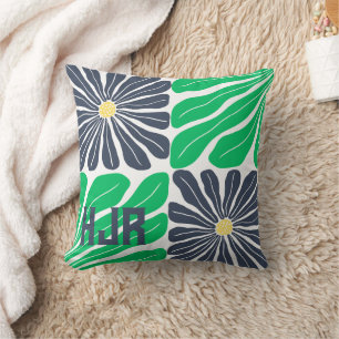 Decorativo Cojín de Monograma Floral Abstracto Verde Marina