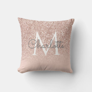 Decorativo Cojín de monograma rosa dorado con guión femenino