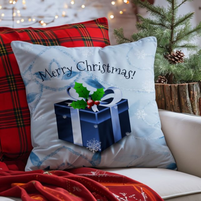 Decorativo Cojín de regalo de Navidad azul (Blue Christmas Gift Throw Pillow)